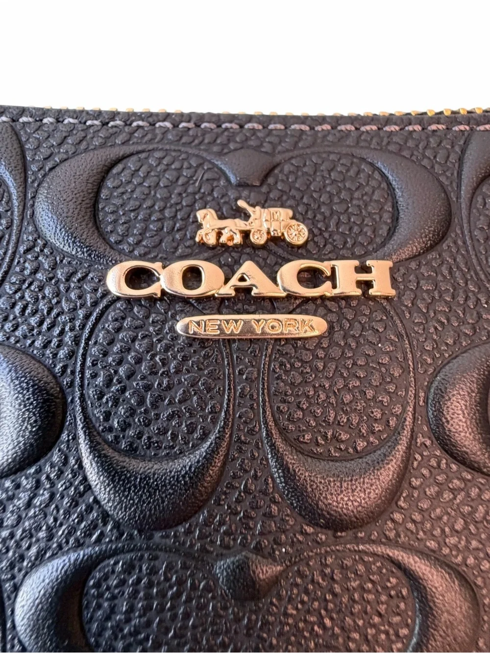 COACH Black Embossed Signature Corner Zip Wristlet with Charm - Picture 2 of 5